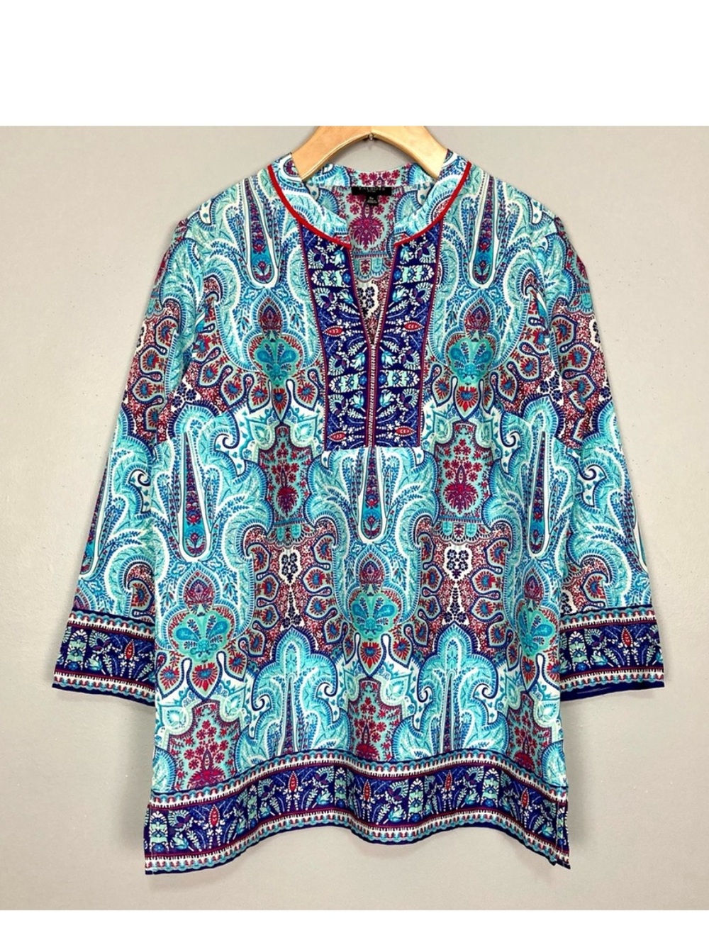 Talbots Tribal Caftan Tunic Top Women’s Size S Petite V-Neck Side Slit Moroccan